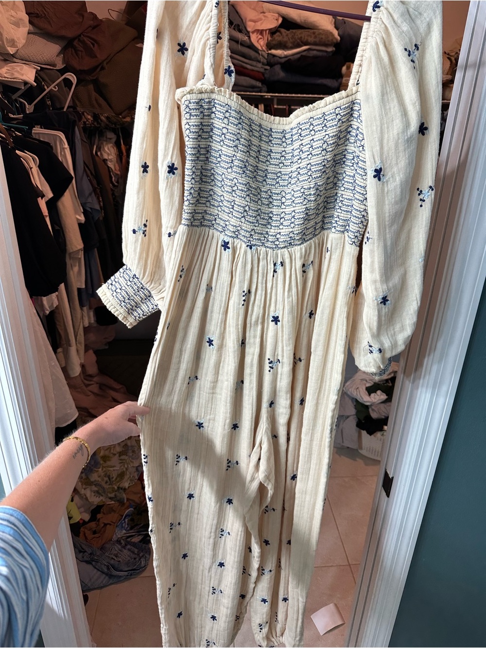 Free People Cream Maxi romper with Blue Embroidered Smocking